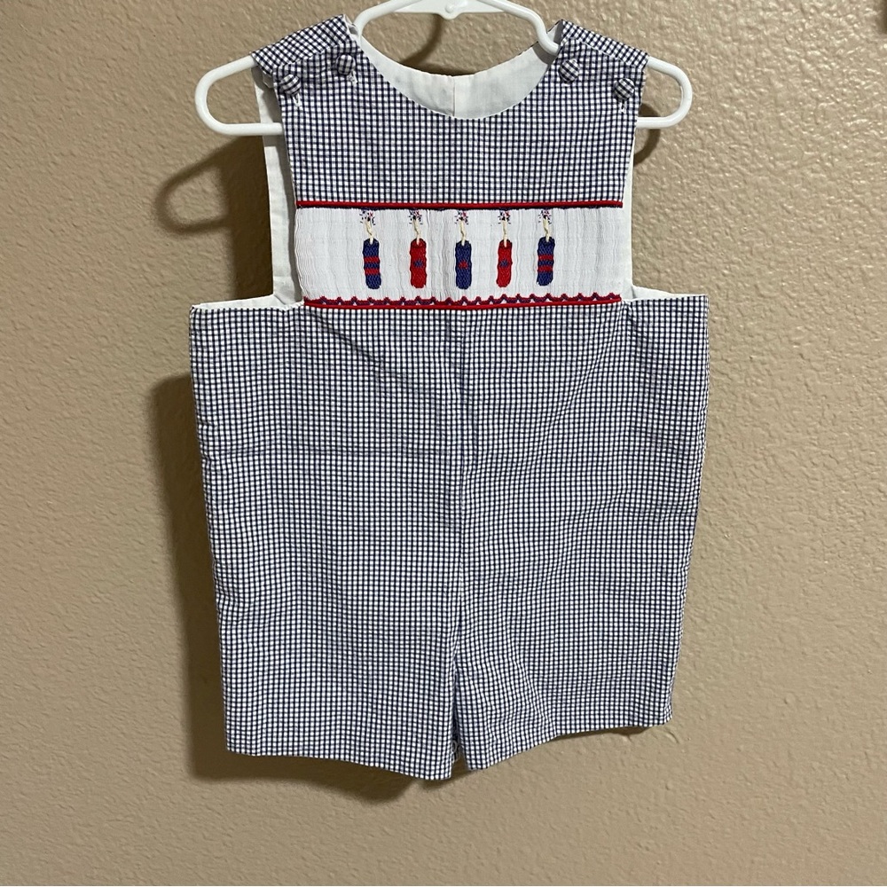 Castle & Crowns firecracker  Navy and White Kids smocked Romper Jon Jon